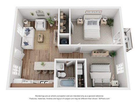 A 3D floor plan of a small apartment with a kitchen, living room, and bedroom.